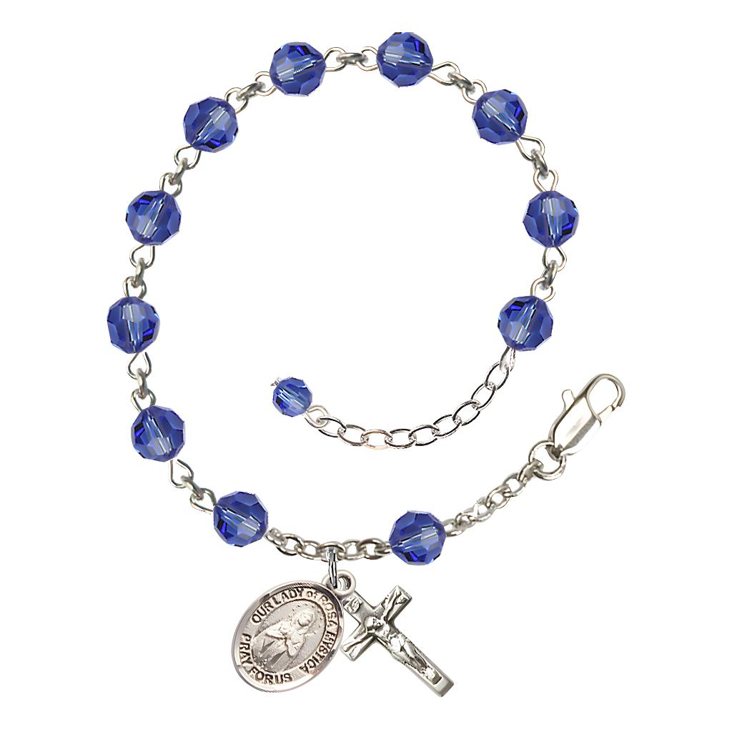 Bliss Our Lady of Rosa Mystica Rosary Bracelet with Sterling Silver Crucifix and Charm, Birthstone 6mm Austrian Crystal Sapphire Beads for September