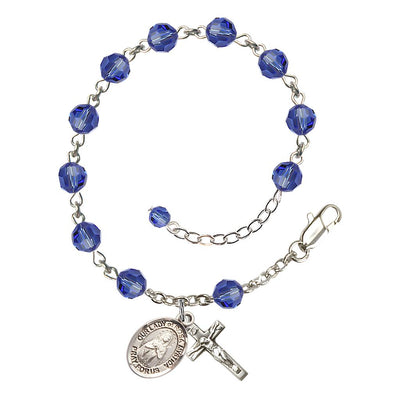 Bliss Our Lady of Rosa Mystica Rosary Bracelet with Sterling Silver Crucifix and Charm, Birthstone 6mm Austrian Crystal Sapphire Beads for September
