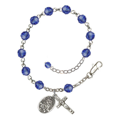 Our Lady of the Precious Blood Rosary Bracelet with Sterling Silver Crucifix and Charm, Birthstone 6mm Austrian Crystal Sapphire Beads for September