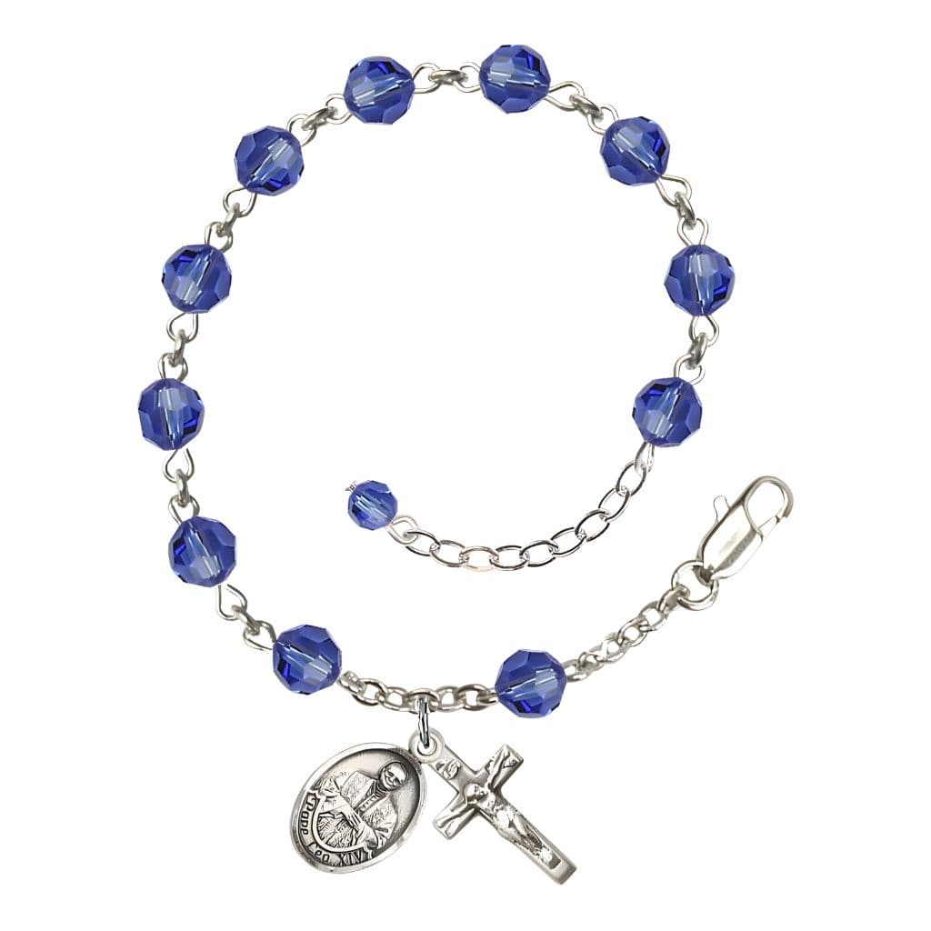 Bliss Pope Leo XIV Sterling Silver Rosary Bracelet with Birthstone 6mm Austrian Crystal Beads in Sapphire for September