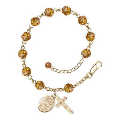 Gold Filled Crystal St Anthony of Padua Birthstone Rosary Bracelet in Topaz, Bliss Manufacturing