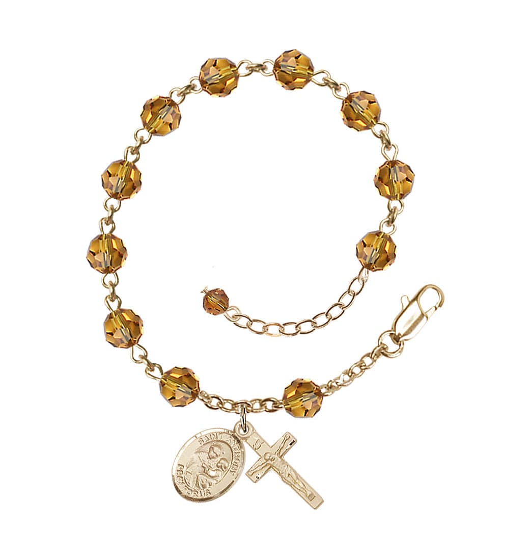 Bliss Gold Filled Crystal St Anthony of Padua Birthstone Rosary Bracelet in Topaz,