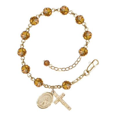 Our Lady of the Precious BloodRosary Bracelet with Gold-filled Crucifix and Charm, Birthstone 6mm Austrian Crystal Topaz Beads for November, Bliss Manufacturing