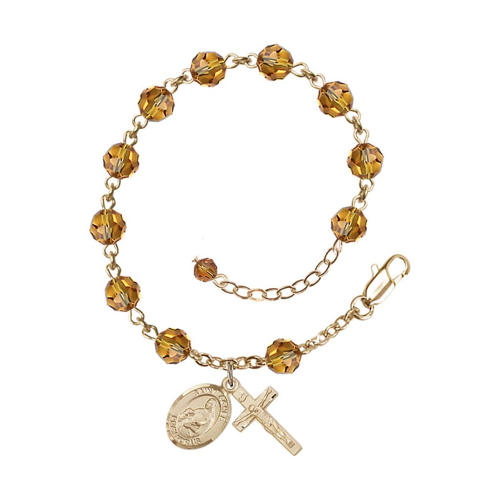 Gold Filled Crystal St Agnes of Rome Birthstone Rosary Bracelet in Topaz, Bliss Manufacturing