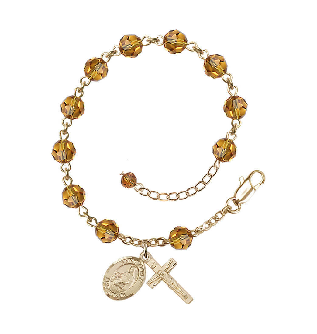 Bliss 14kt Gold Crystal St Agnes of Rome Birthstone Rosary Bracelet in Topaz,