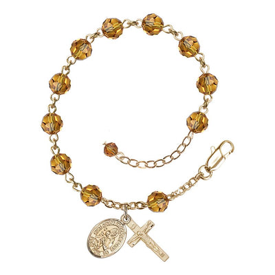 Our Lady of the Precious Blood Rosary Bracelet with Gold-filled Crucifix and Charm, Birthstone 6mm Austrian Crystal Topaz Beads for November