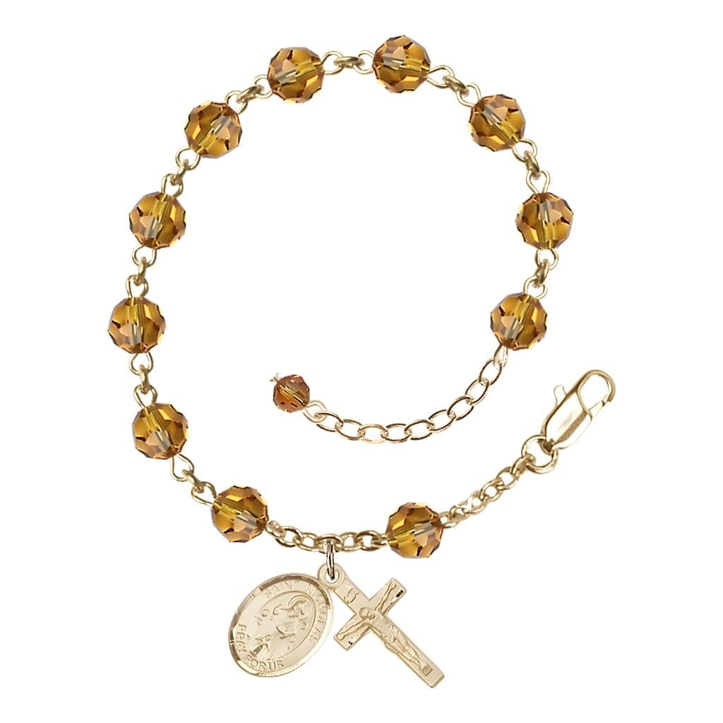 Bliss St. Nicholas Rosary Bracelet with 14kt Gold Centerpiece and Crucifix, November Birthstone 6mm Topaz Austrian Crystal Beads
