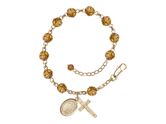 Topaz 6mm Austrian Crystal Footprint Cross Gold Rosary Bracelet by Bliss