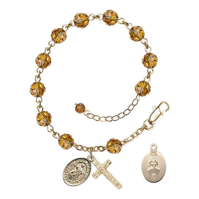 Jesus Divine Mercy Rosary Bracelet with 14kt Gold Crucifix and Charm, Birthstone 6mm Austrian Crystal Topaz Beads for November, Bliss Manufacturing