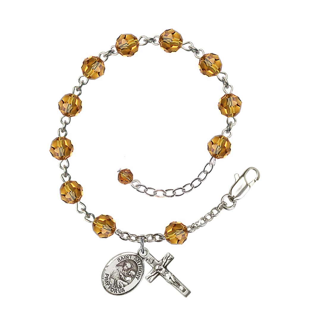 Bliss Sterling Silver Crystal St Anthony of Padua Birthstone Rosary Bracelet in Topaz,