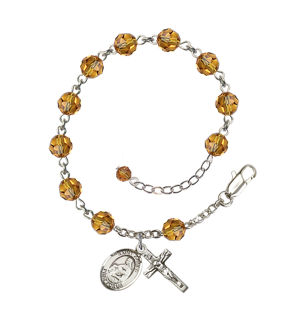 Bliss Sterling Silver Crystal St Agnes of Rome Birthstone Rosary Bracelet in Topaz,