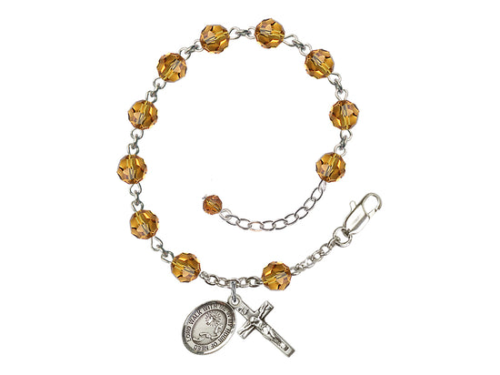 Footprints Cross 6mm Austrian Topaz Crystal Sterling Silver Rosary Bracelet