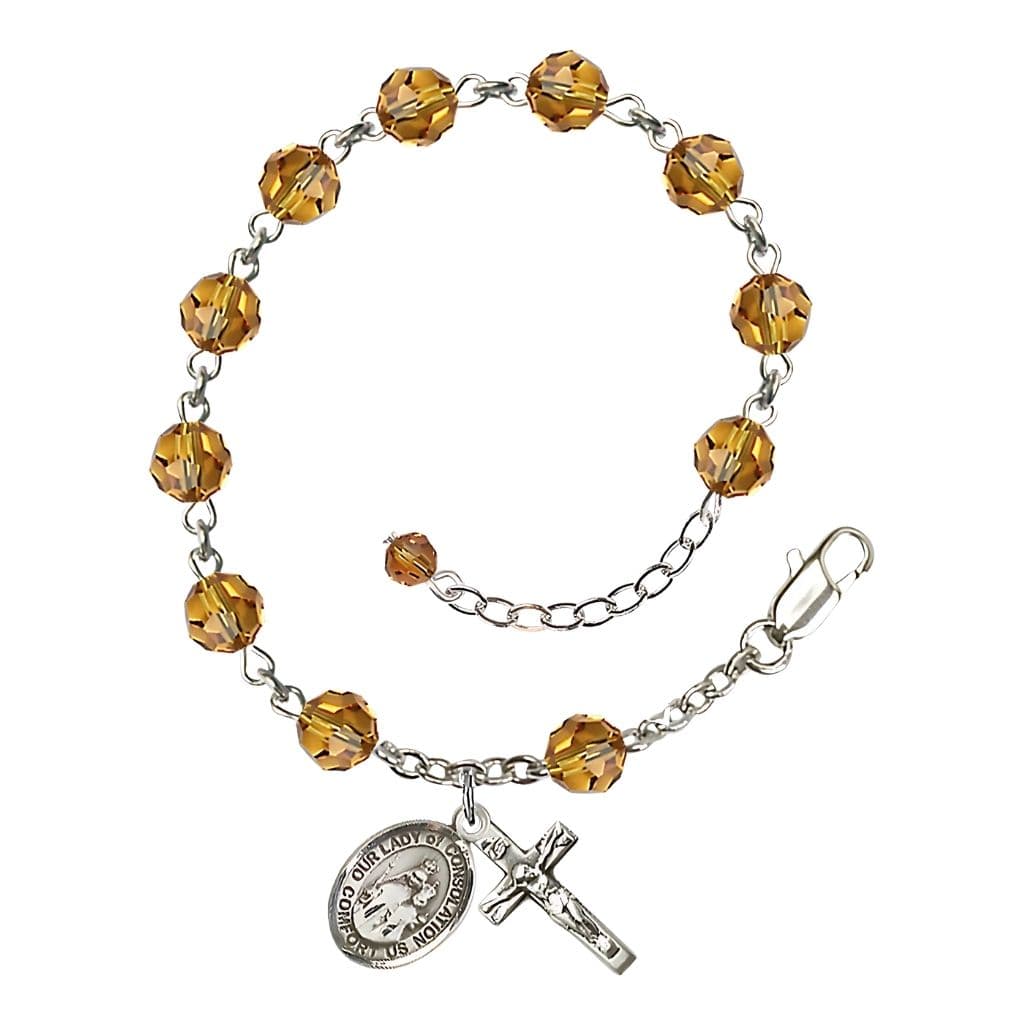 Bliss Our Lady of Consolation Birthstone Sterling Silver Rosary Bracelet in Topaz,