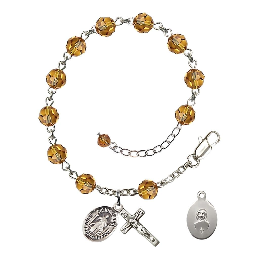 Bliss Jesus Divine Mercy Rosary Bracelet with Sterling Silver Crucifix and Charm, Birthstone 6mm Austrian Crystal Topaz Beads for November