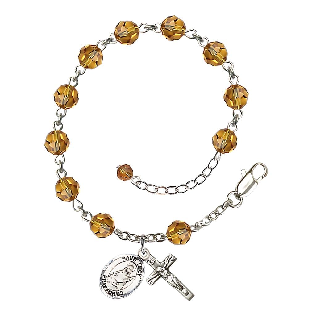 St. Lucy 6mm Topaz Birthstone Sterling Silver Rosary Bracelet,