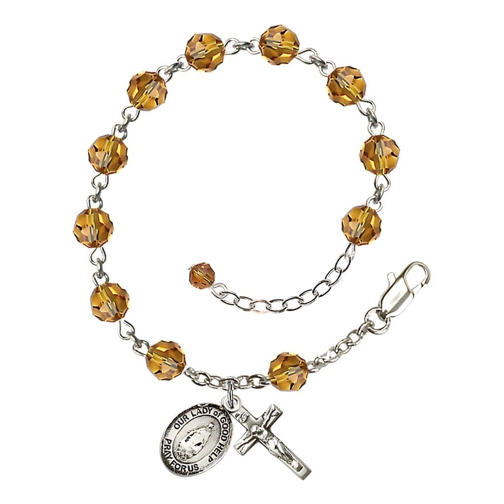 Bliss Our Lady of Good Help Birthstone Sterling Silver Rosary Bracelet in Topaz,