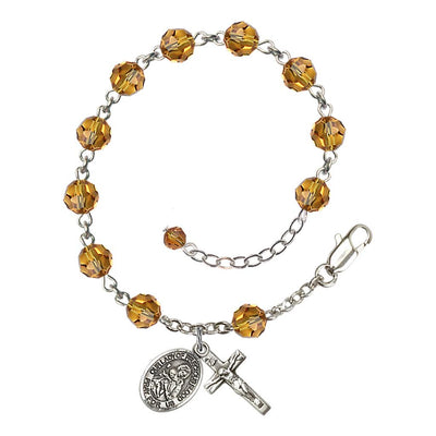 Our Lady of the Precious Blood Rosary Bracelet with Sterling Silver Crucifix and Charm, Birthstone 6mm Austrian Crystal Topaz Beads for November