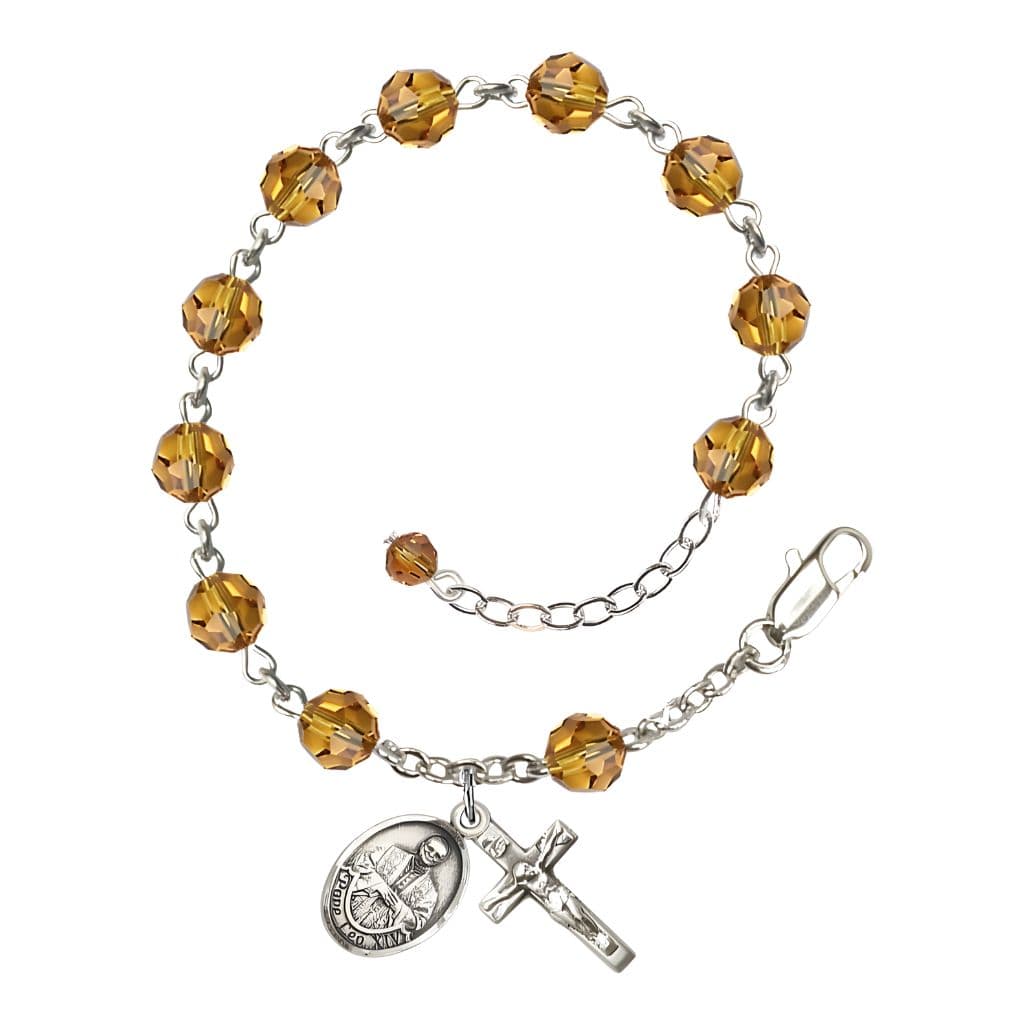 Bliss Pope Leo XIV Sterling Silver Rosary Bracelet with Birthstone 6mm Austrian Crystal Beads in Topaz for November