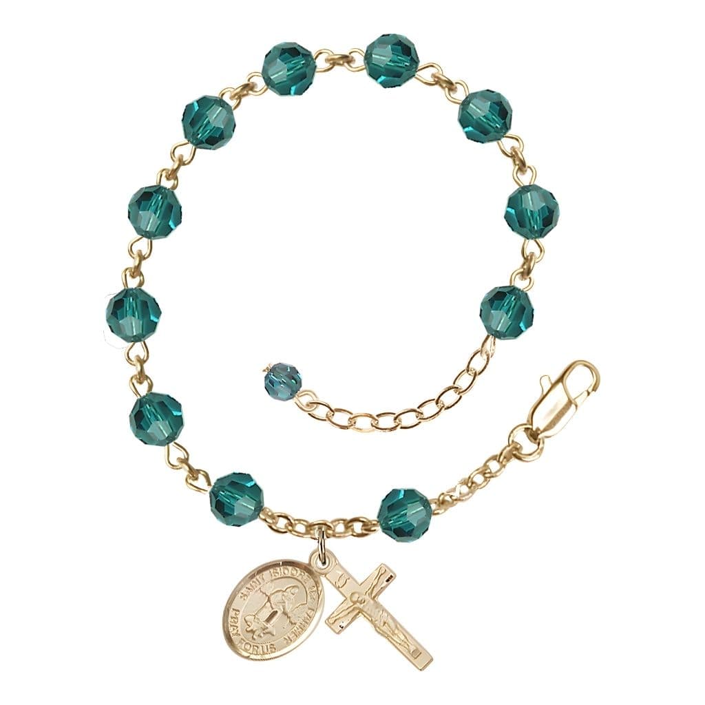 Bliss St. Isidore the Farmer Rosary Bracelet with Gold-filled Crucifix and Charm, Birthstone 6mm Austrian Crystal Zircon Beads for December