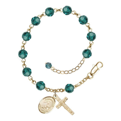 St. Theresa December Birthstone Zircon 6mm Austrian Crystal Gold-filled Rosary Bracelet with 14kt Gold-filled Crucifix and Saint Medal, Bliss Manufacturing