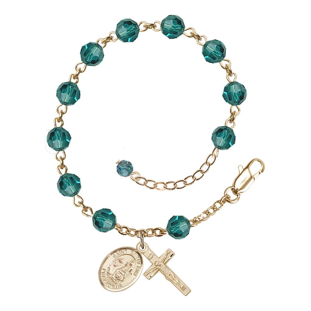 Bliss Saint Catherine of Siena Rosary Bracelet with 14kt Gold Crucifix and Medal, Birthstone 6mm Austrian Crystal Zircon Beads for December