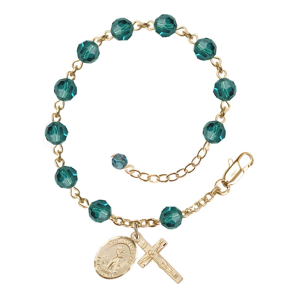 Bliss St. Joan of Arc Rosary Bracelet with 14kt Gold Crucifix and Charm, Birthstone 6mm Austrian Crystal Zircon Beads for December