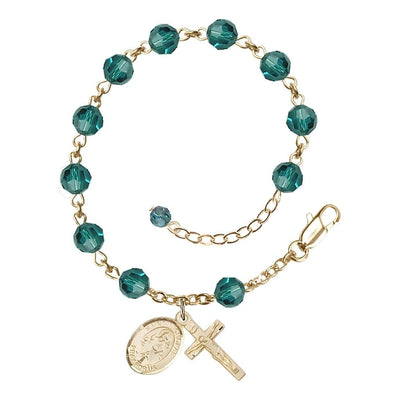 St. Nicholas Rosary Bracelet with 14kt Gold Centerpiece and Crucifix, December Birthstone 6mm Zircon Austrian Crystal Beads, Bliss Manufacturing