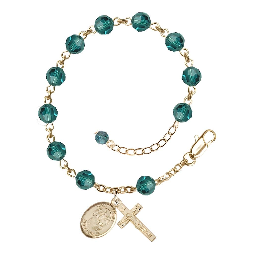 Bliss Holy Family Rosary Bracelet with 14kt Gold Crucifix and Medal, Birthstone 6mm Austrian Crystal Zircon Beads for December