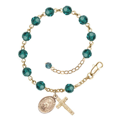 Bliss Our Lady of Rosa Mystica Rosary Bracelet with 14kt Gold Crucifix and Charm, Birthstone 6mm Austrian Crystal Zircon Beads for December