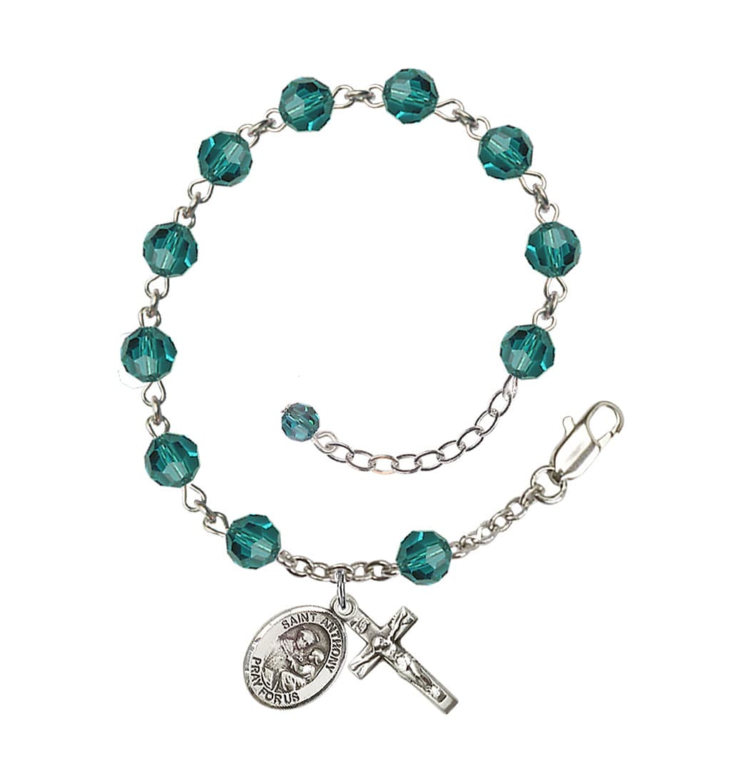 Bliss Sterling Silver Crystal St Anthony of Padua Birthstone Rosary Bracelet in Zicron,