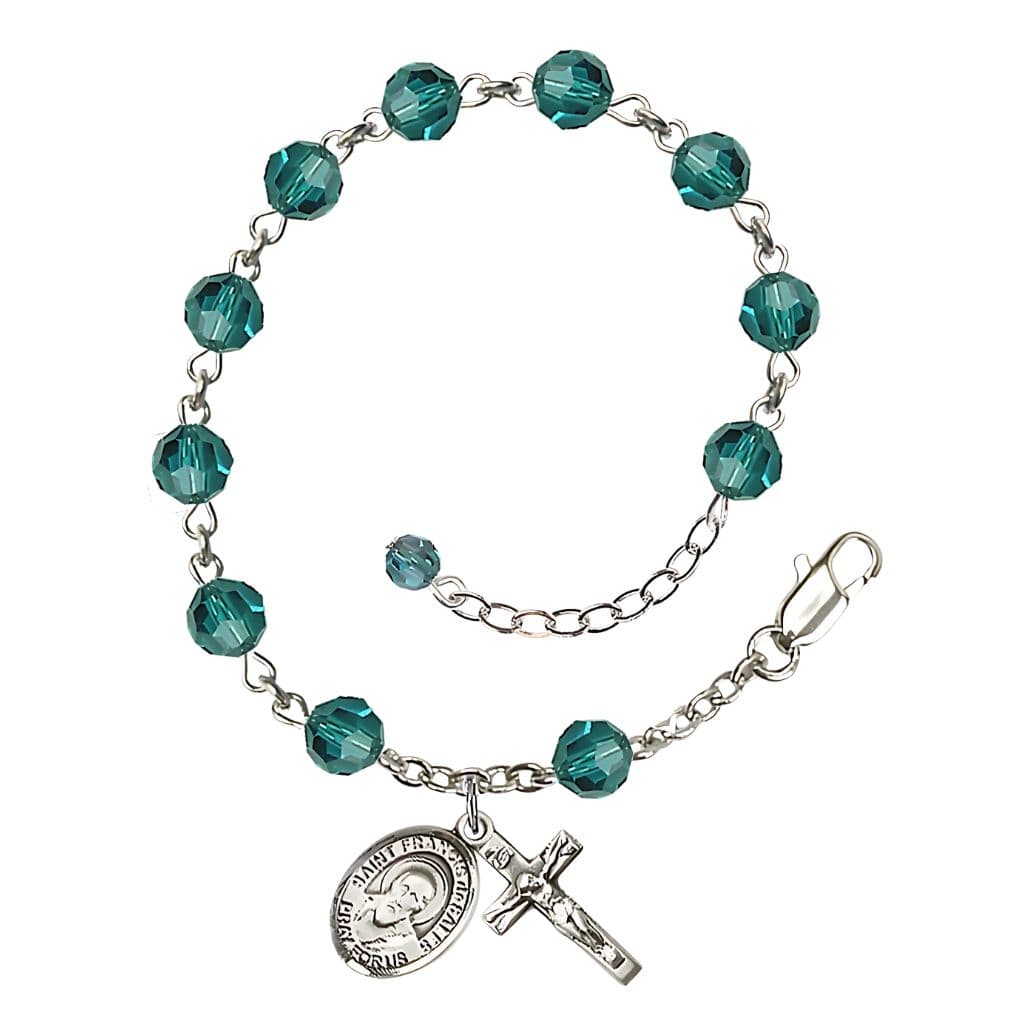 St. Francis de Sales 6mm Zircon Birthstone Sterling Silver Rosary Bracelet,