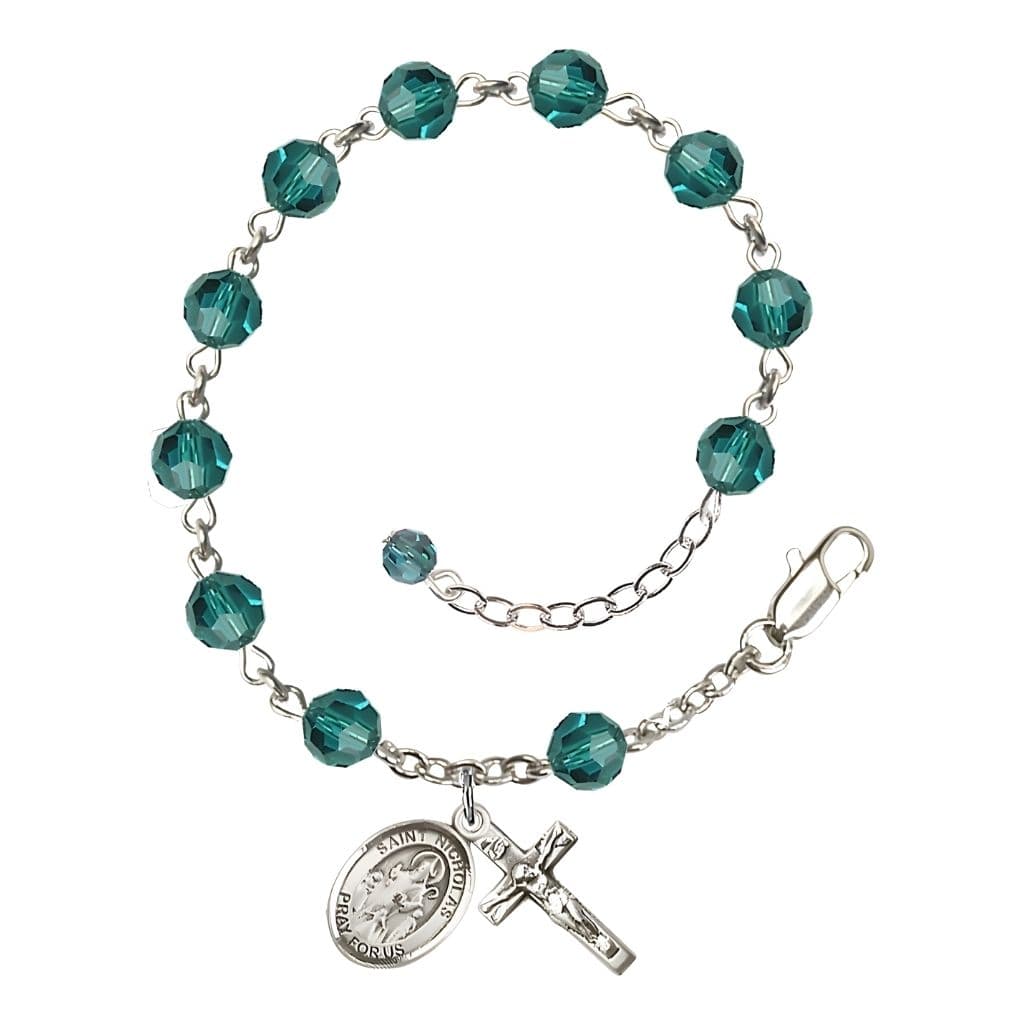 Bliss St. Nicholas Rosary Bracelet with Sterling Silver Centerpiece and Crucifix, December Birthstone 6mm Zircon Austrian Crystal Beads