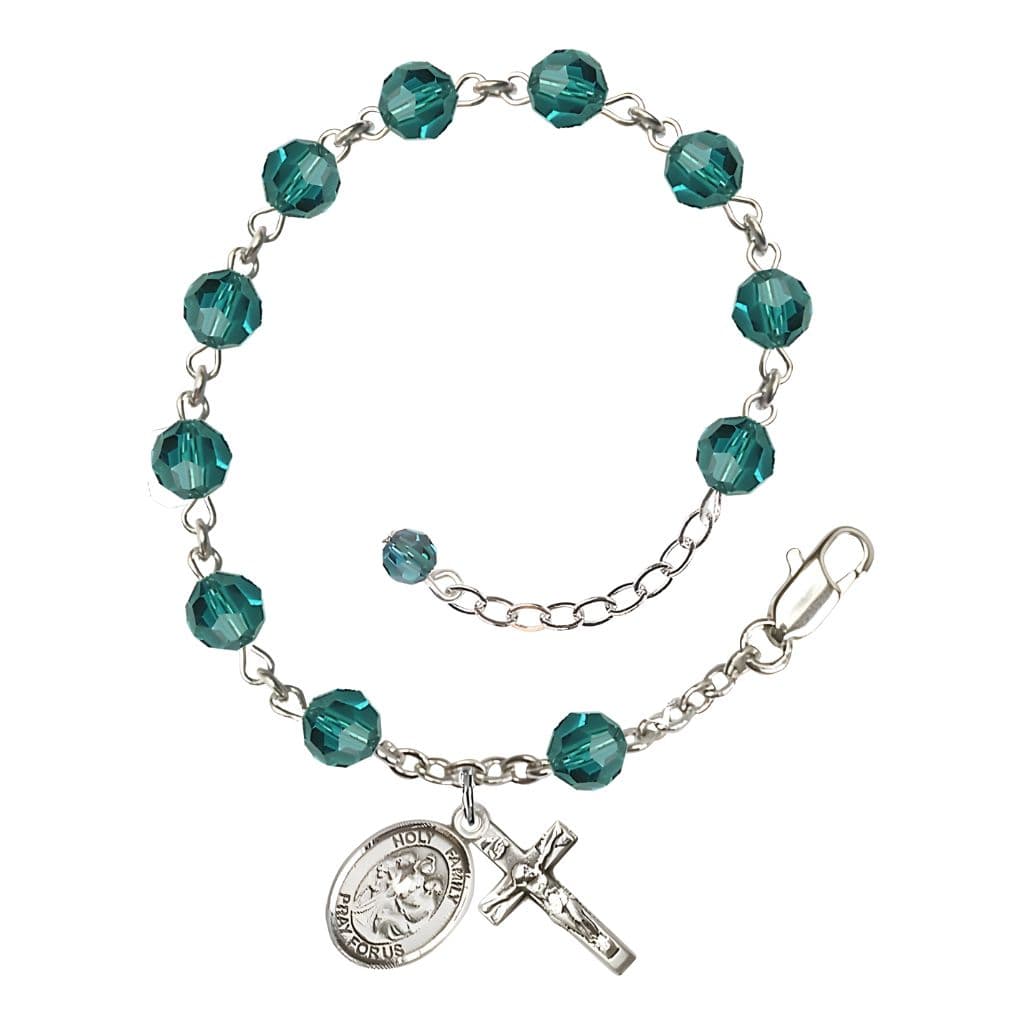 Bliss Holy Family Rosary Bracelet with Sterling Silver Crucifix and Medal, Birthstone 6mm Austrian Crystal Zircon Beads for December