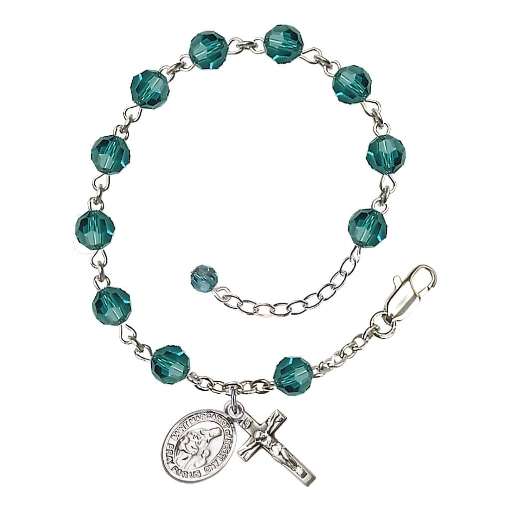 Bliss St. Margaret of Scotland Birthstone Sterling Silver Austrian Crystal Rosary Bracelet in Zircon,