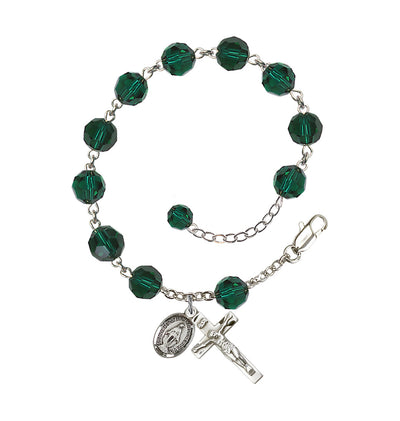 8mm Austrian Crystal Sterling Silver Rosary Bracelet in Emerald, Bliss Manufacturing