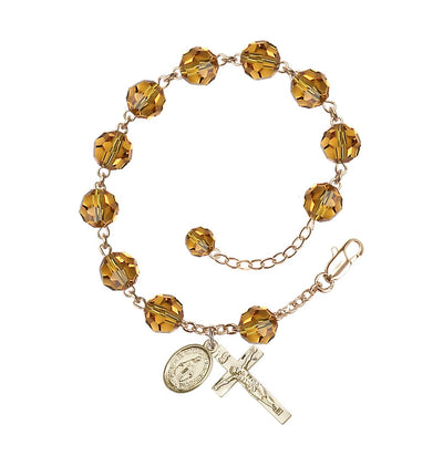 Topaz 8mm Round Austrian Crystal 14kt Rosary Bracelet, Bliss Manufacturing