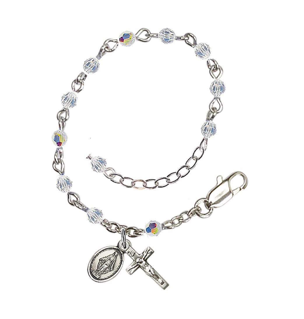 Bliss Sterling Silver 3mm Austrian Crystal Rosary Bracelet with Crystal Aurora Borealis Beads,