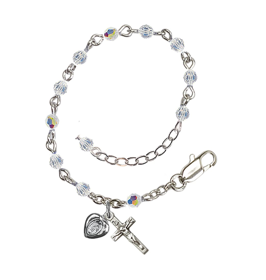 Bliss Miraculous Heart Adjustable Sterling Silver 3mm Austrian Crystal Infant Rosary Bracelet with Aurora Borealis in Crystal,