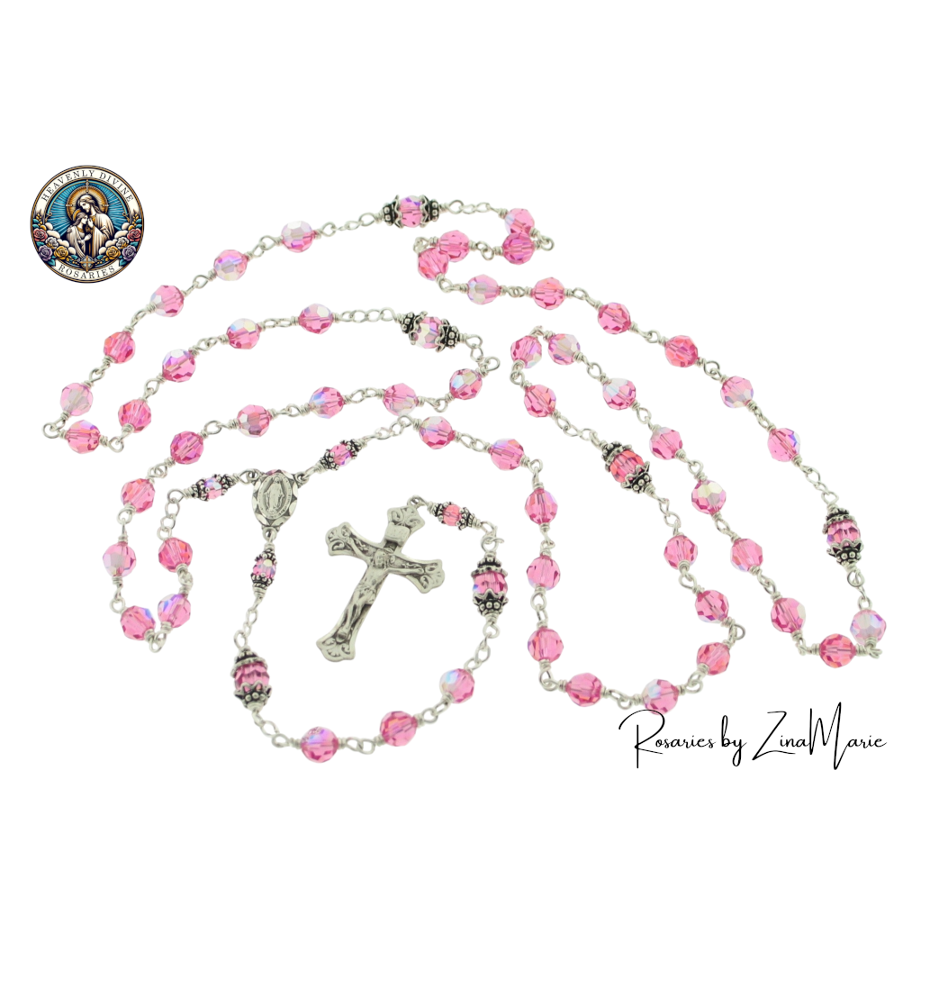 Rose Crystal Child's Birthstone Sterling Wire-Wrapped Rosary by Zina Marie,