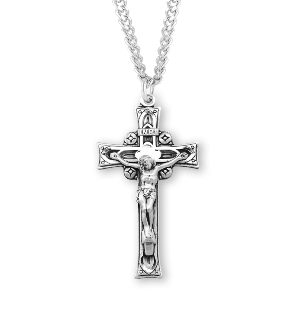 HMH Religious Deep Relief Ornate Sterling Silver Medal Crucifix,