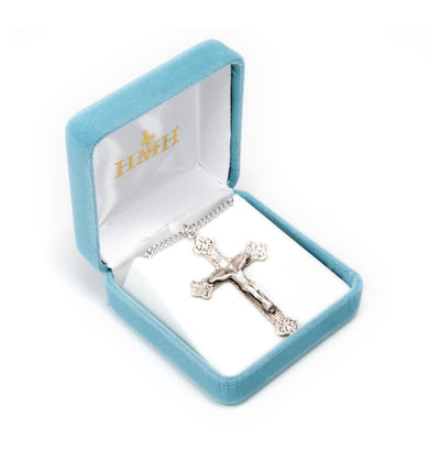 Ornate Scroll Design Sterling Silver Medal Crucifix in Box, HMH Religious