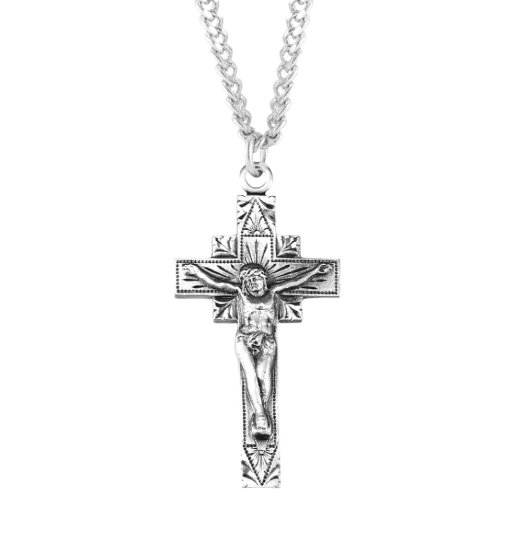 HMH Religious Square Sunburst Sterling Silver Medal Crucifix,