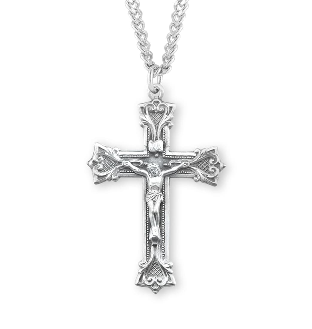 HMH Religious Gothic Scroll Style Sterling Silver Medal Crucifix with Chain,