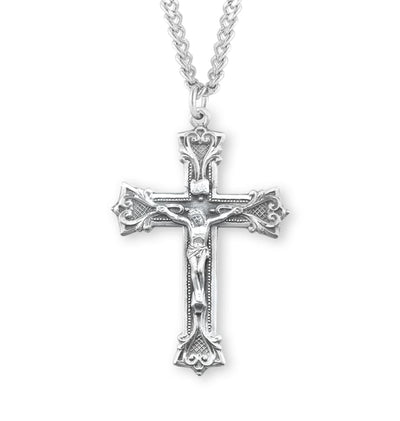 Gothic Scroll Style Sterling Silver Medal Crucifix with Chain, HMH Religious