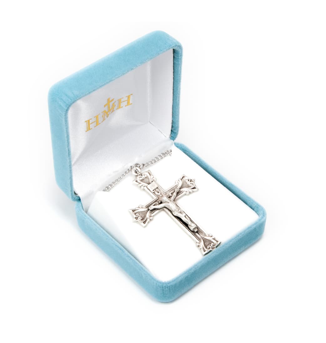 HMH Religious Gothic Scroll Style Sterling Silver Medal Crucifix in Box,