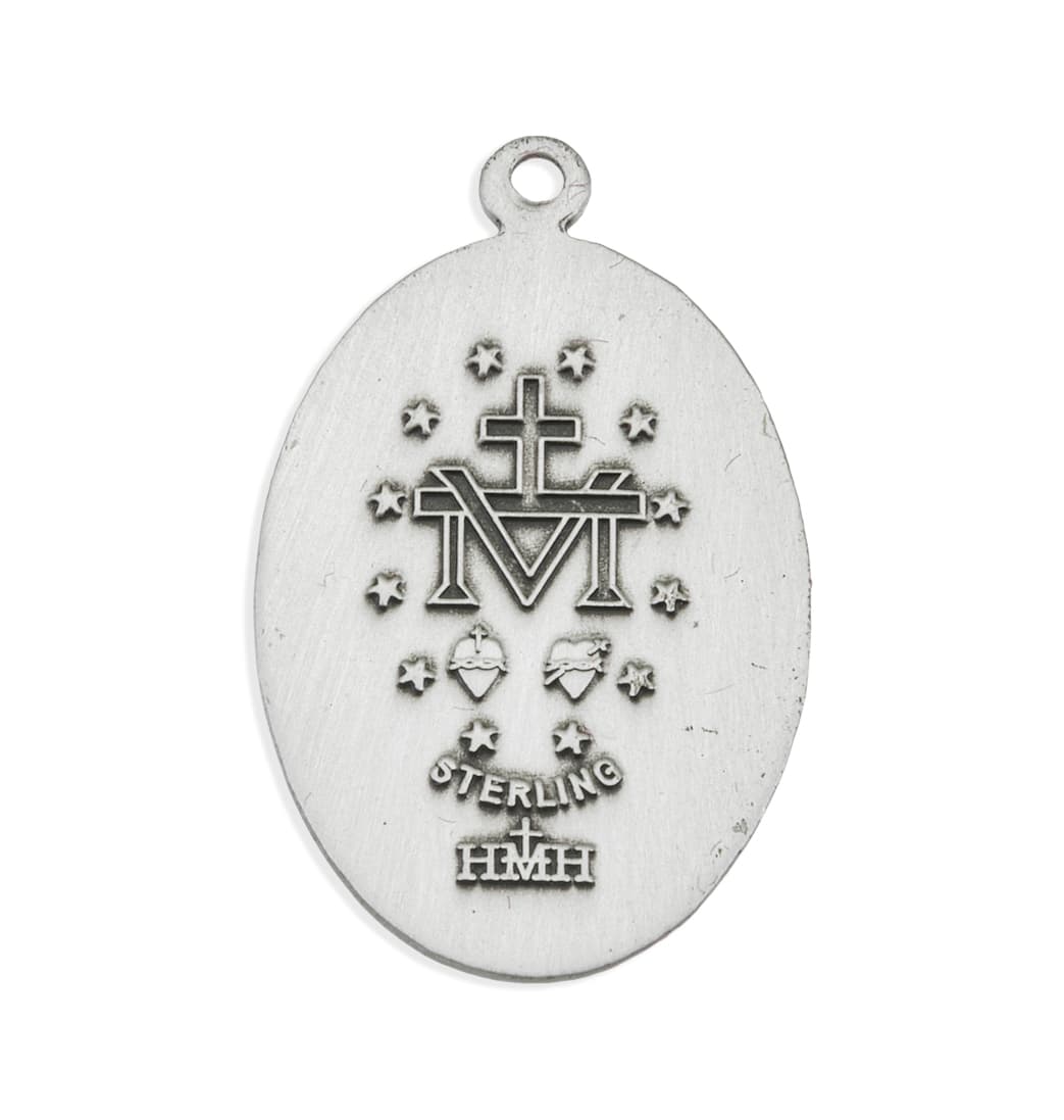 Back of HMH Religious Sterling Silver Miraculous Oval Double Sided Necklace,