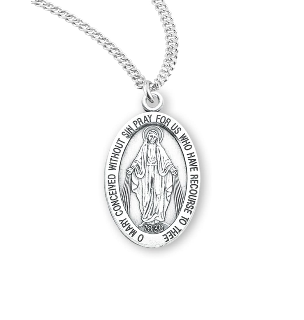 HMH Religious Sterling Silver Miraculous Oval Double Sided Necklace,