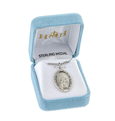 Sterling Silver Miraculous Oval Double Sided Necklace in Gift Box, HMH Religious