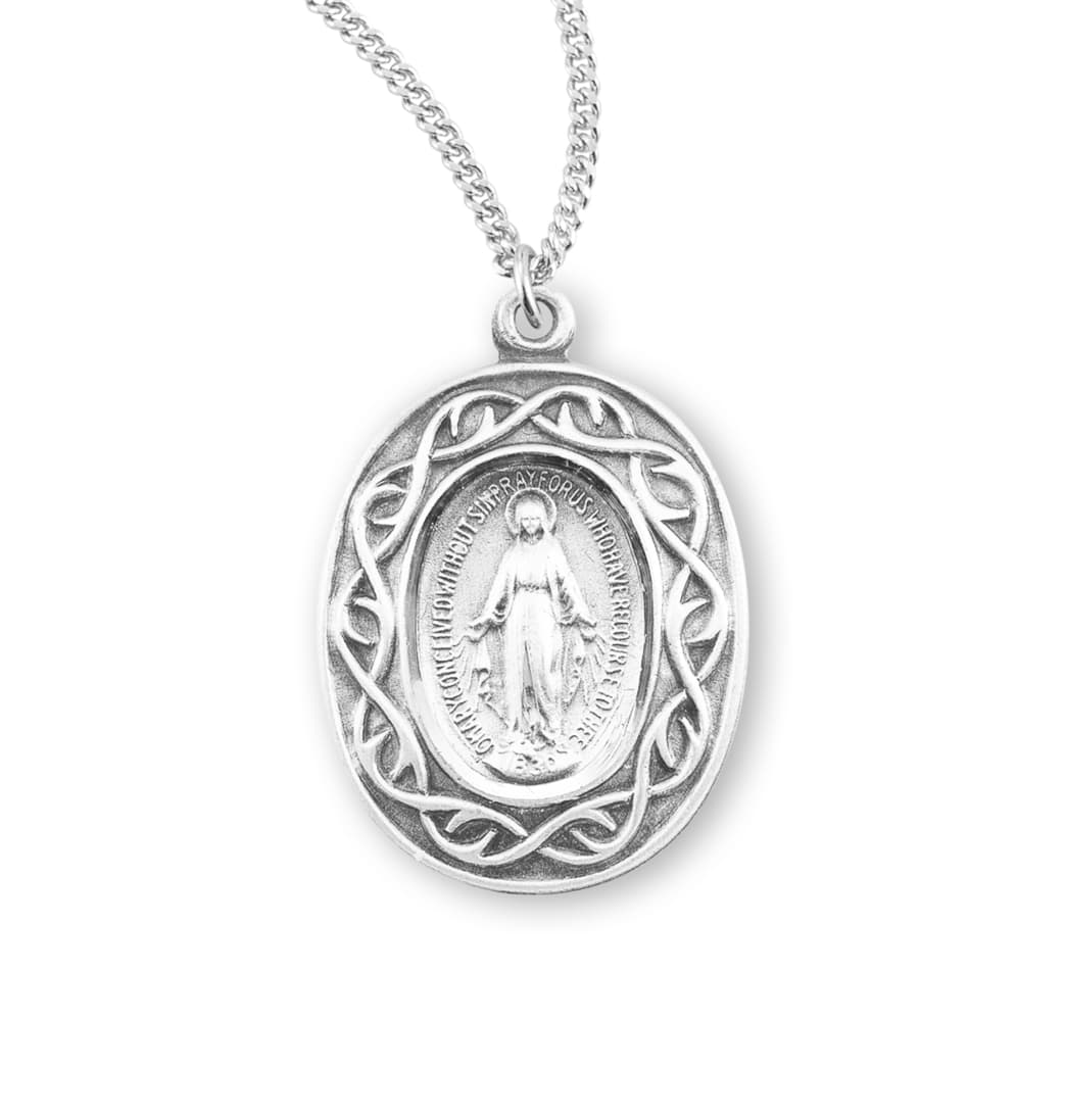 HMH Religious Miraculous Medal Crown of Thorns Sterling Silver Necklace with Chain,