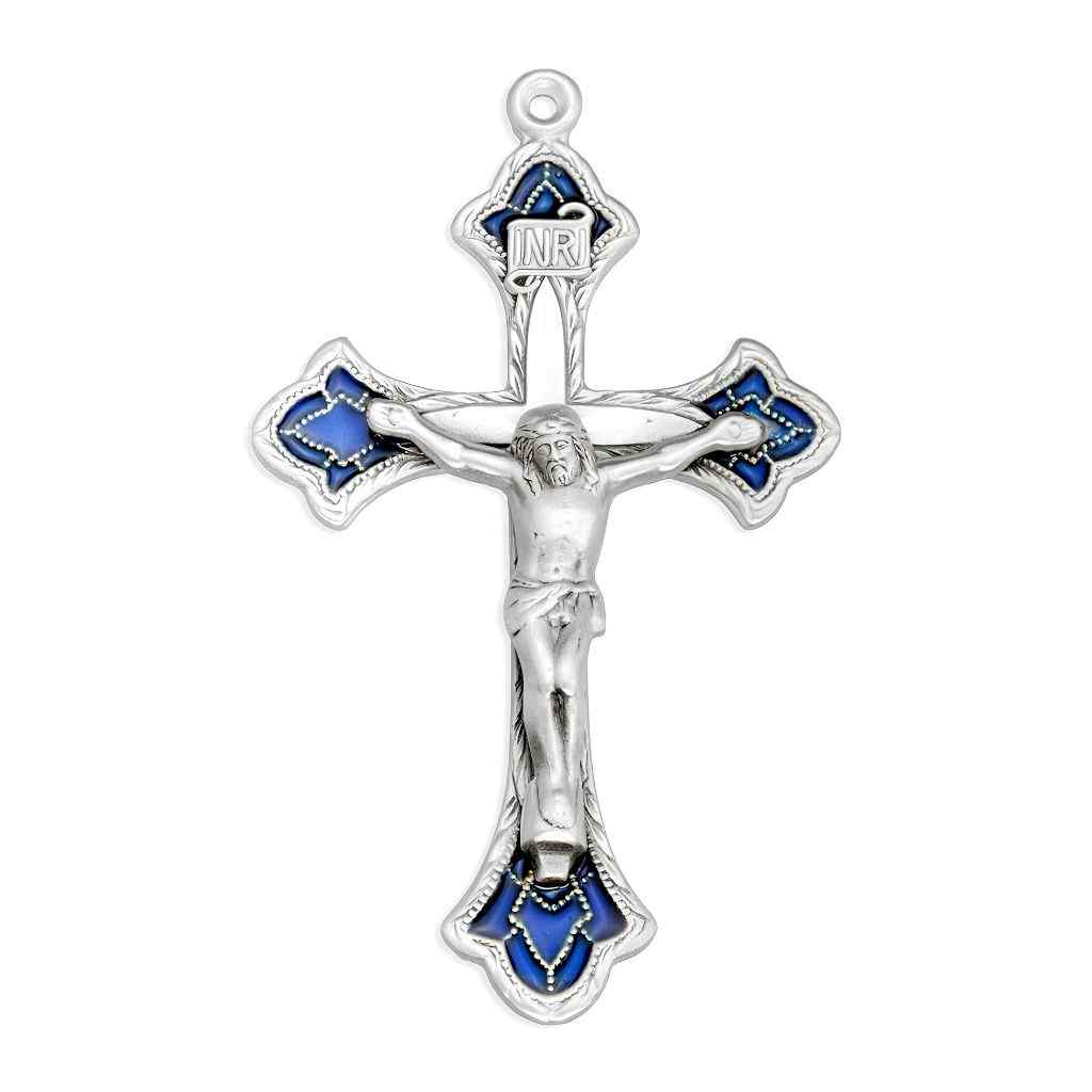 Blue Epoxy Flared Detailed Sterling Silver Crucifix by HMH Religious